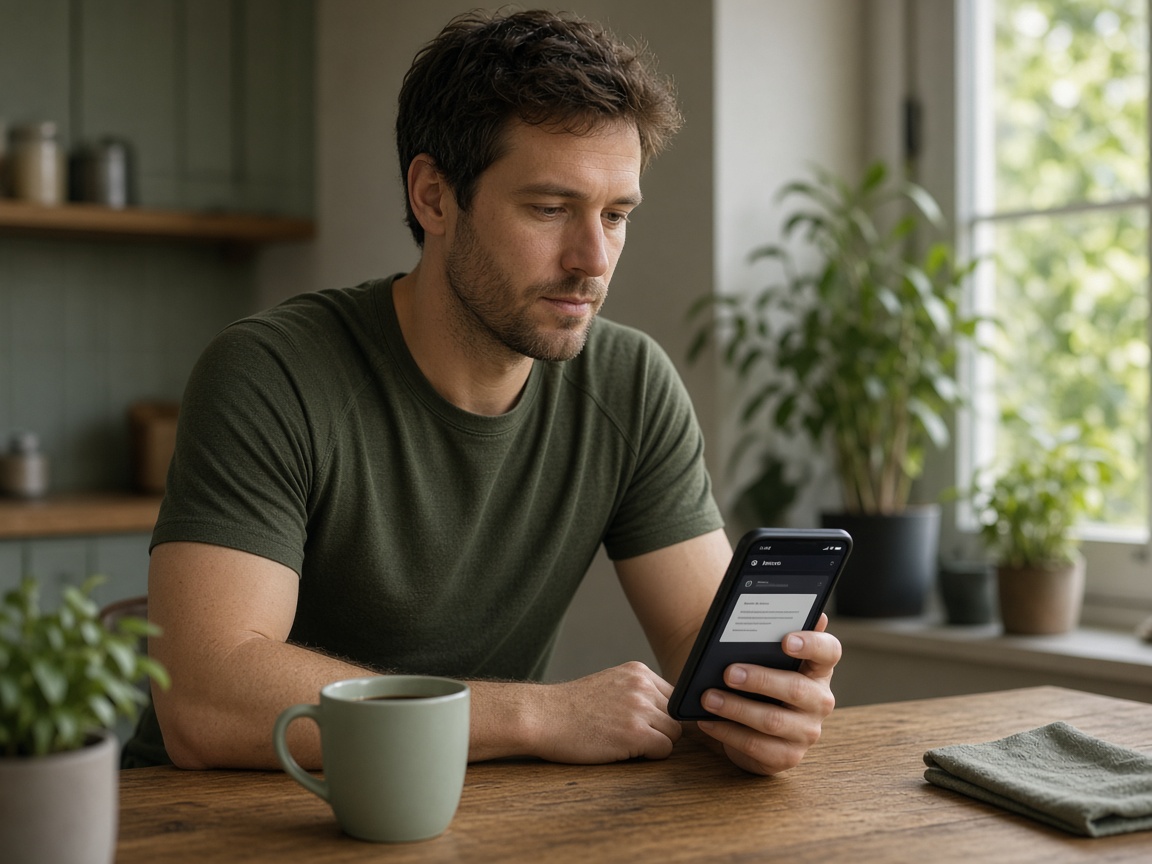 An athlete checking a daily digest on a phone once, at the kitchen table