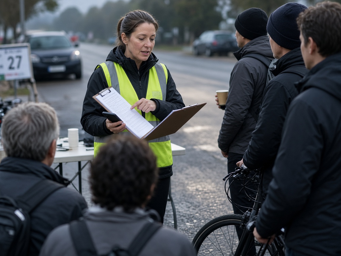 A club organizer briefing riders at a start line with a clipboard and phone